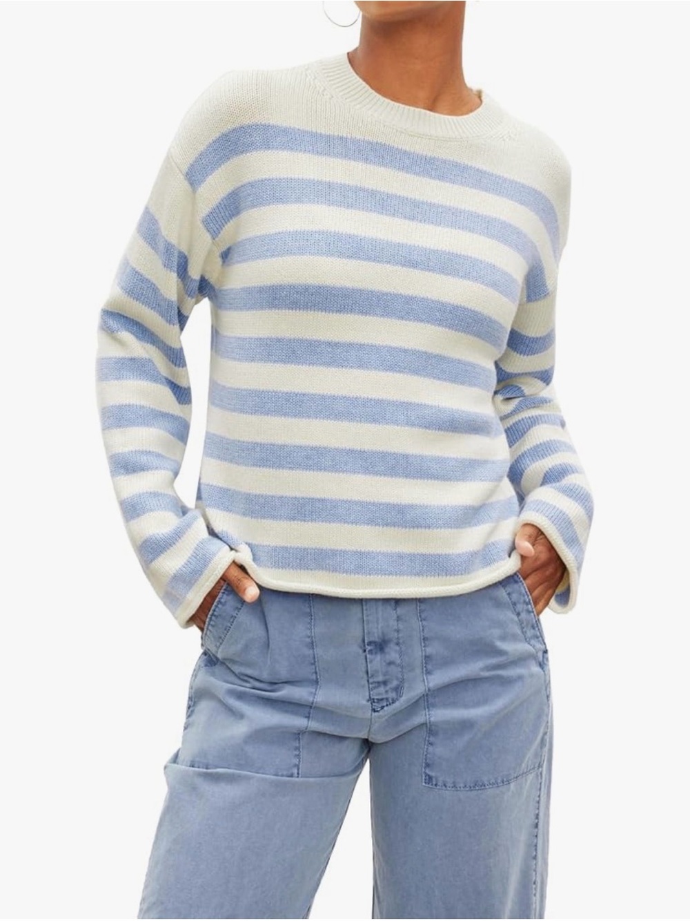 Velvet by Graham & Spencer Light Blue & Cream Striped Crewneck Sweater
